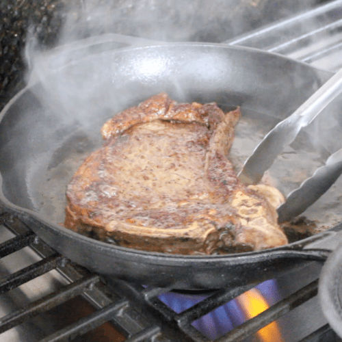 Pan Seared Butter-Basted Steak is a cooking method used to cook steak in a skillet on the stovetop. The steak is first seared in a hot pan to create a flavorful crust, then basted with butter and other seasonings while cooking.