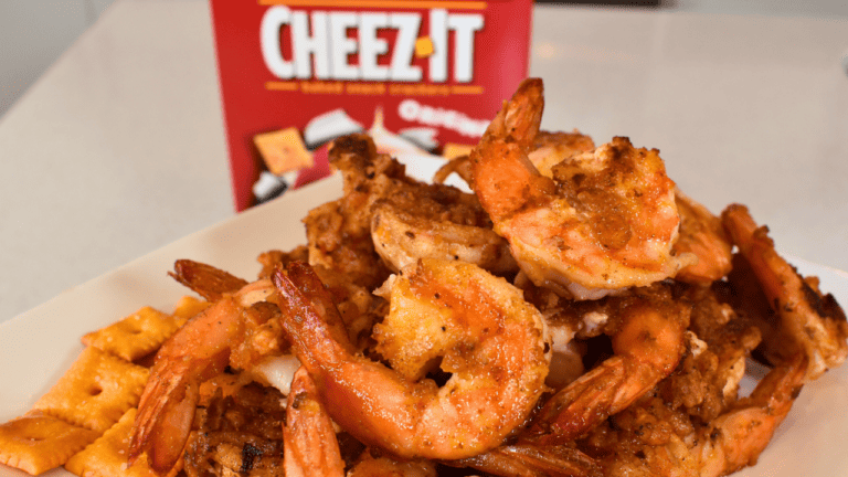 An appetizer or main course created by combining two flavors of Cheez It crackers and shrimp.